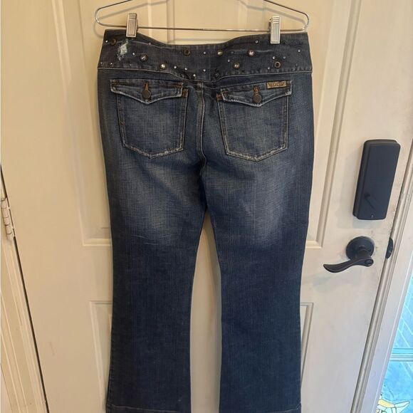 HINT Blue Flare Wide Leg Jeans with Faded Wash and bedazzling at waist - Picture 6 of 7